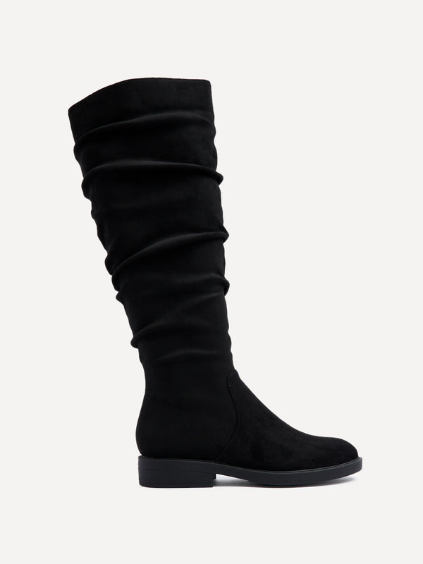 Linzi Black Faux Suede Knee High Flat Ruched Boots