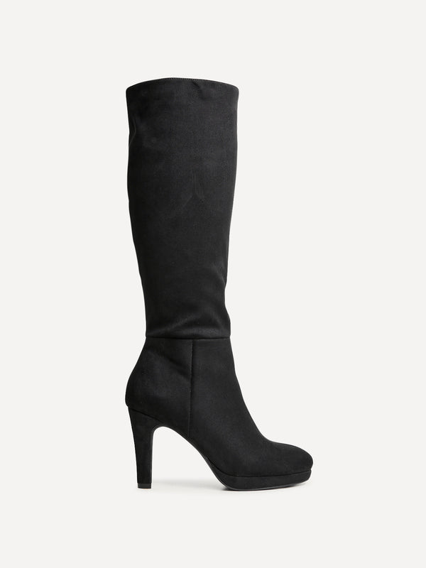 Linzi Black Faux Suede Knee High Heeled Boot