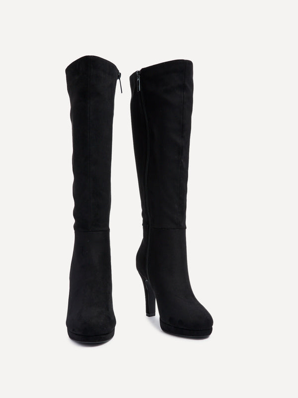 Linzi Black Faux Suede Knee High Heeled Boot
