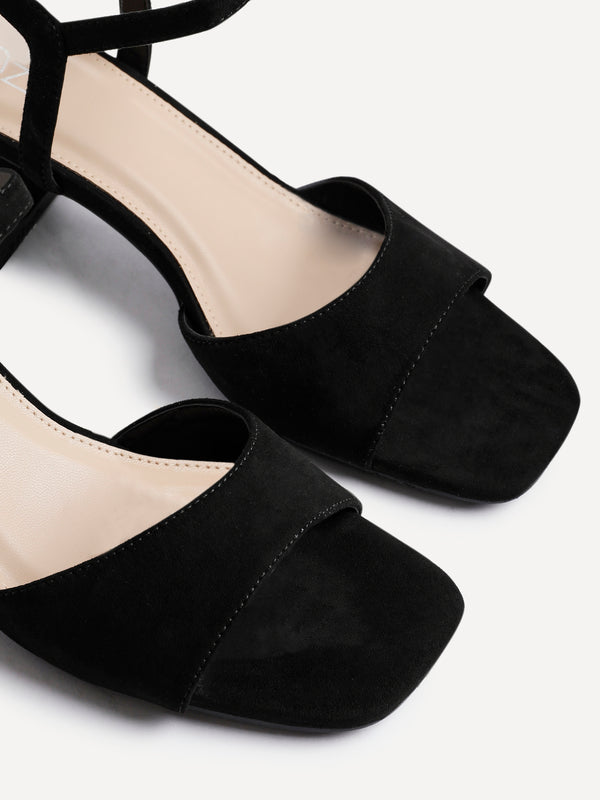 Linzi Black Faux Suede Low Block Heeled Sandals