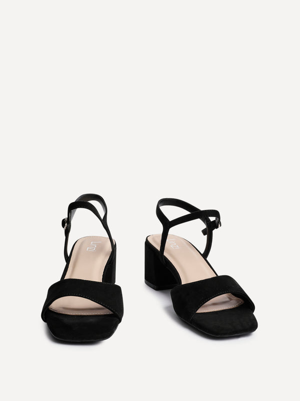 Linzi Black Faux Suede Low Block Heeled Sandals
