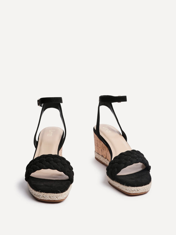Linzi Black Faux Suede Plaited Wedge