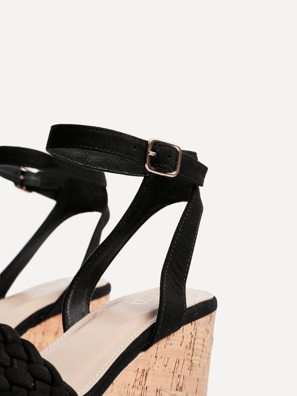 Linzi Black Faux Suede Plaited Wedge