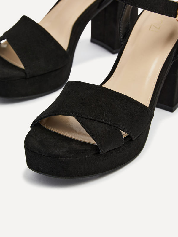 Linzi Black Faux Suede Platform Block Heel