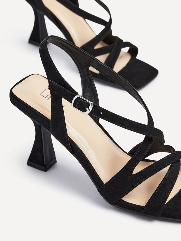 Linzi Black Faux Suede Square Toe Caged Heel