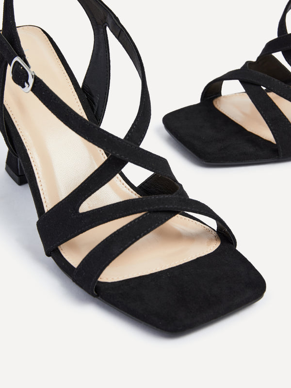 Linzi Black Faux Suede Square Toe Caged Heel