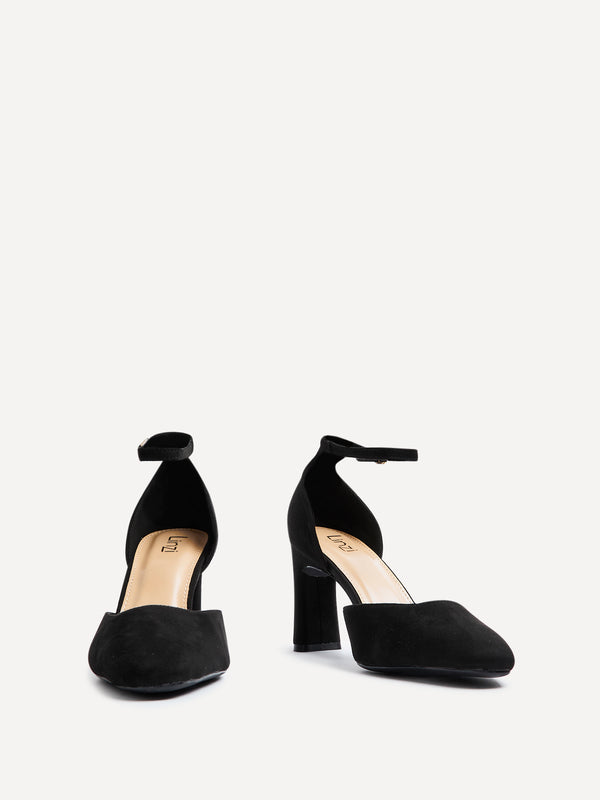 Linzi Black Faux Suede Square Toe Court Heel