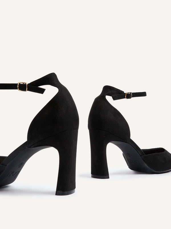 Linzi Black Faux Suede Square Toe Court Heel