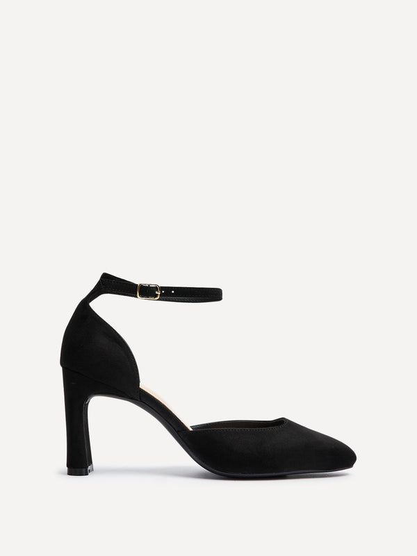 linzi Black Faux Suede Square Toe Court Heel