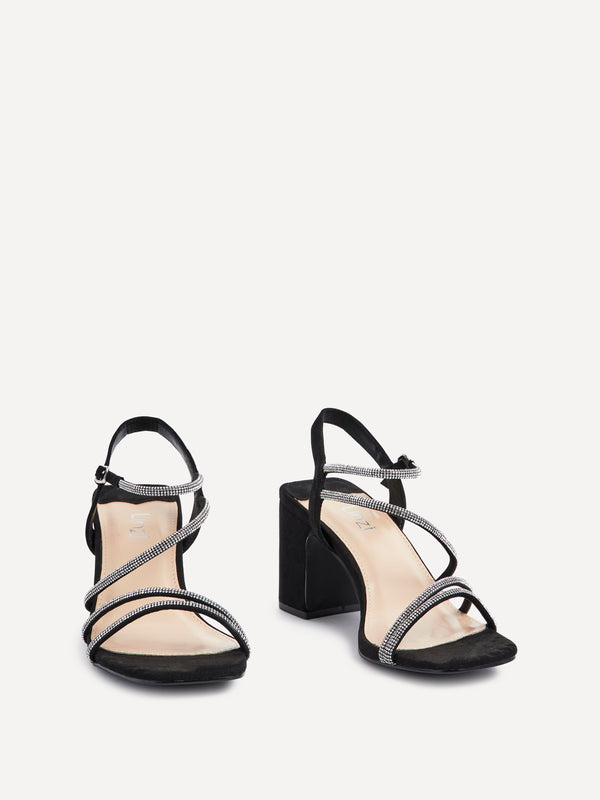 Linzi Black Faux Suede Strappy Diamante Block Heel