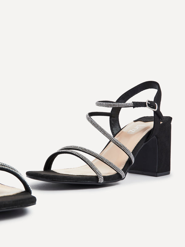 Linzi Black Faux Suede Strappy Diamante Block Heel