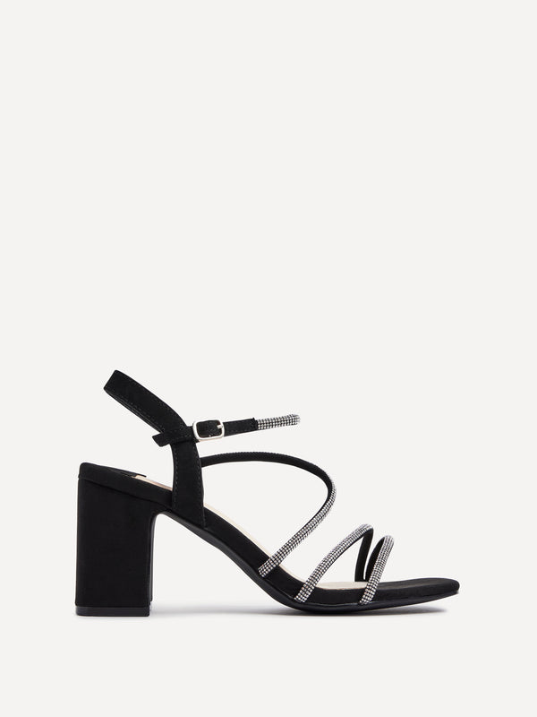 linzi Black Faux Suede Strappy Diamante Block Heel