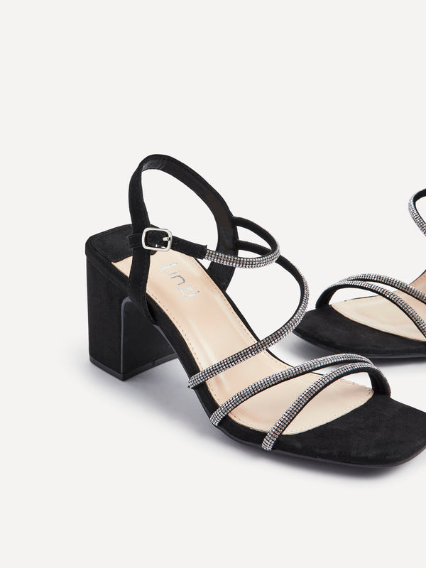 Linzi Black Faux Suede Strappy Diamante Block Heel