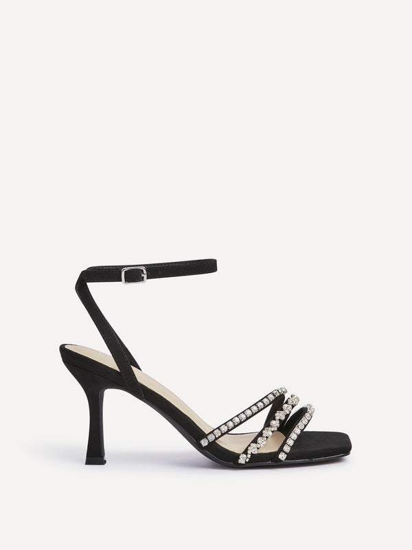Linzi Black Faux Suede Strappy Diamante Heel