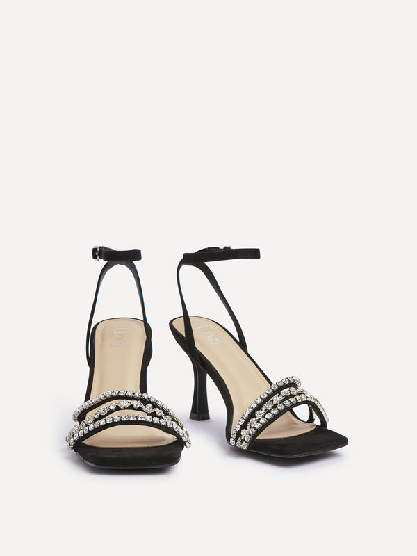 Linzi Black Faux Suede Strappy Diamante Heel
