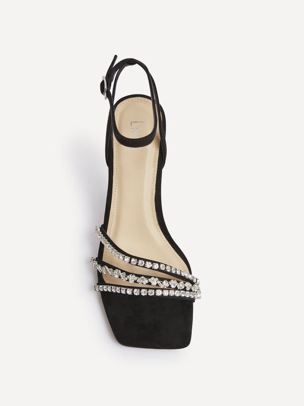 Linzi Black Faux Suede Strappy Diamante Heel