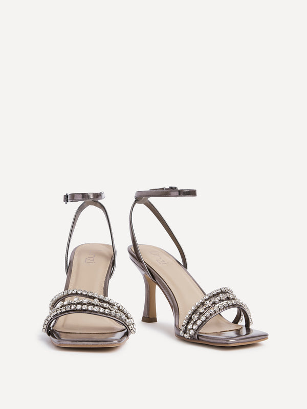 Linzi Black Faux Suede Strappy Diamante Heel