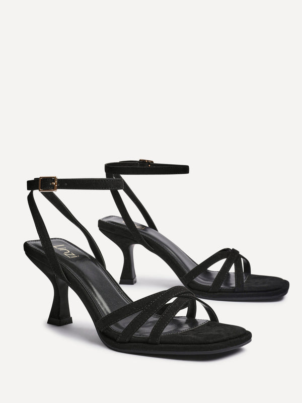 Linzi Black Faux Suede Strappy Heeled Sandals