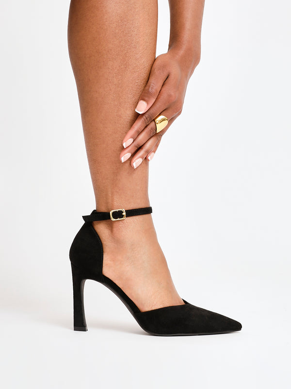 linzi Black Faux Suede V Cut Court Heel