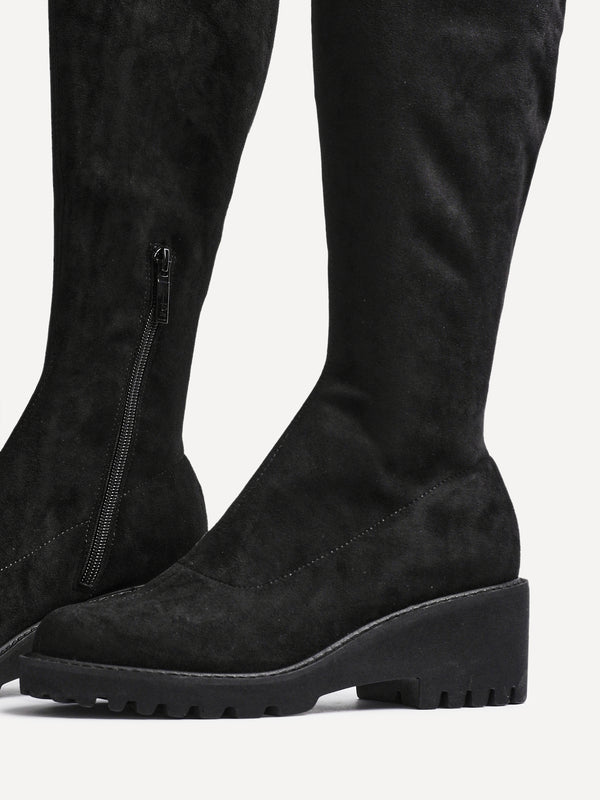 Linzi Black Faux Suede Wedge Knee High Boot