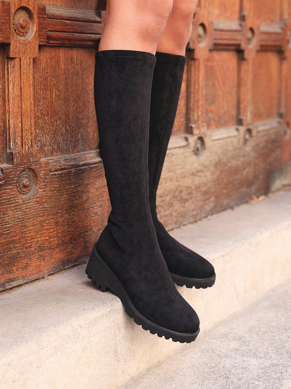 linzi Black Faux Suede Wedge Knee High Boot
