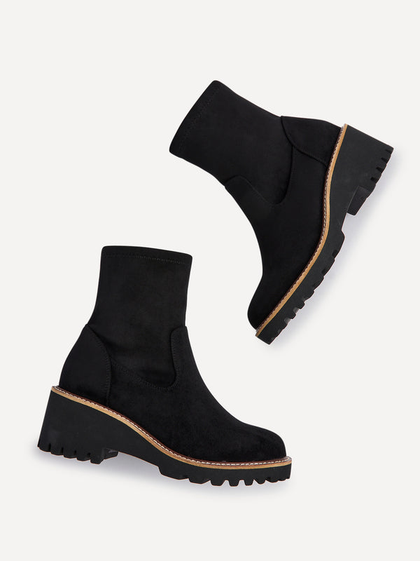 Linzi Black Faux Suede Wedged Heel Ankle Boot