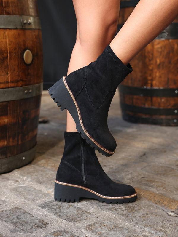 linzi Black Faux Suede Wedged Heel Ankle Boot