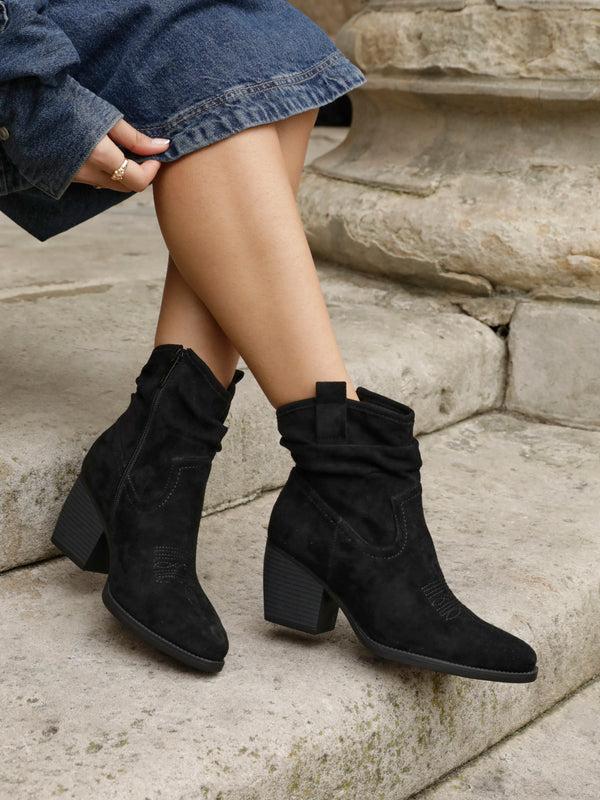 linzi Black Faux Suede Western Inspired Ankle Boot