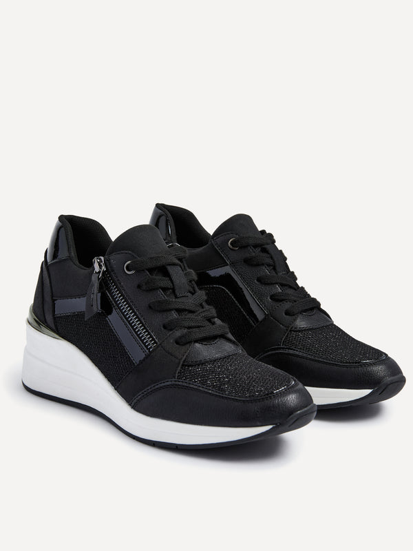 Linzi Black Glitter Wedged Trainer With Zip Detail