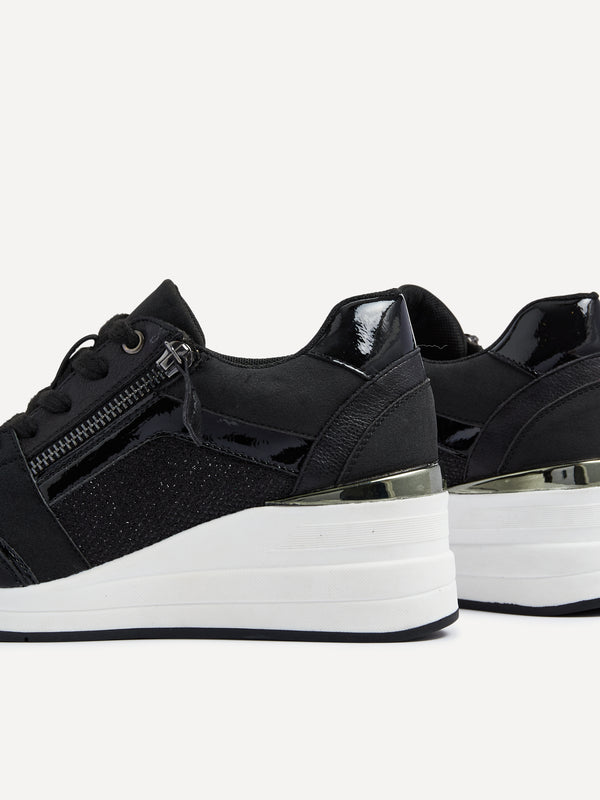 Linzi Black Glitter Wedged Trainer With Zip Detail