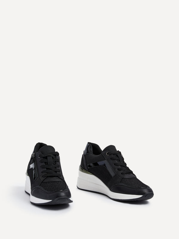 Linzi Black Glitter Wedged Trainer With Zip Detail