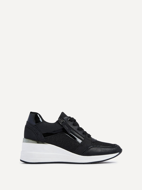 linzi Black Glitter Wedged Trainer With Zip Detail