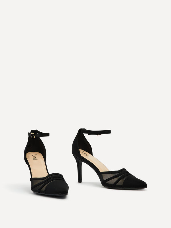 Linzi Black Lycra Mesh Court Heel With Ankle Strap
