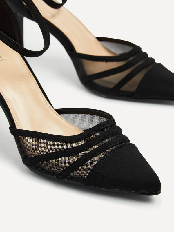 Linzi Black Lycra Mesh Court Heel With Ankle Strap