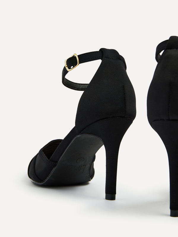 Linzi Black Lycra Mesh Court Heel With Ankle Strap