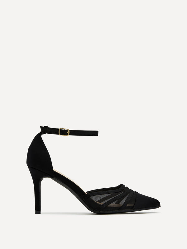 linzi Black Lycra Mesh Court Heel With Ankle Strap