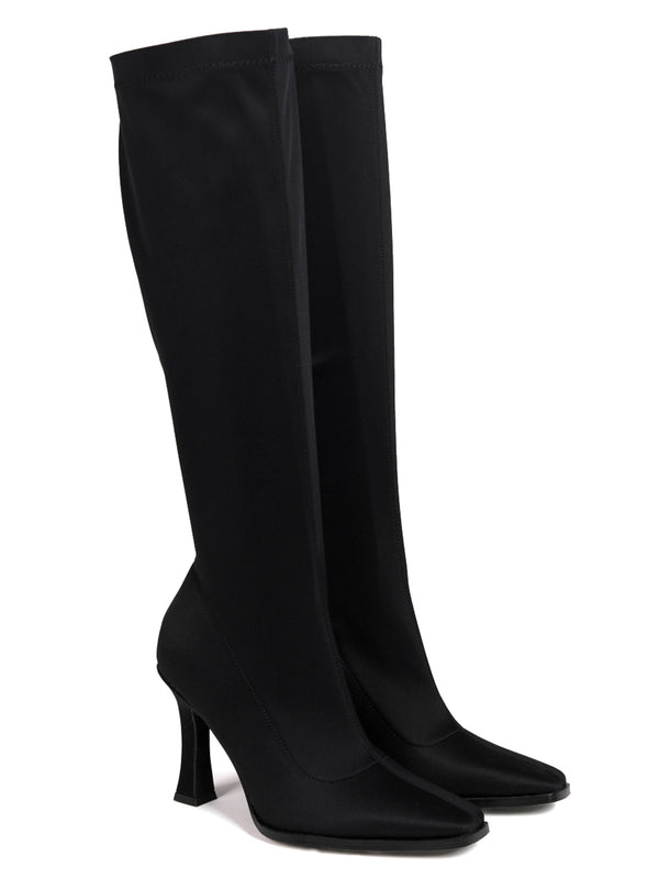 Linzi Black Lycra Square Toe Heeled Sock Boot