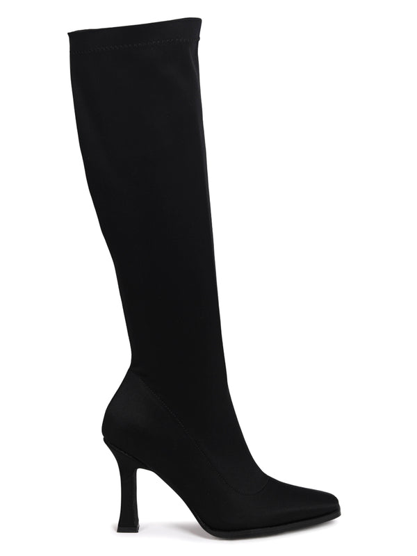 Linzi Black Lycra Square Toe Heeled Sock Boot