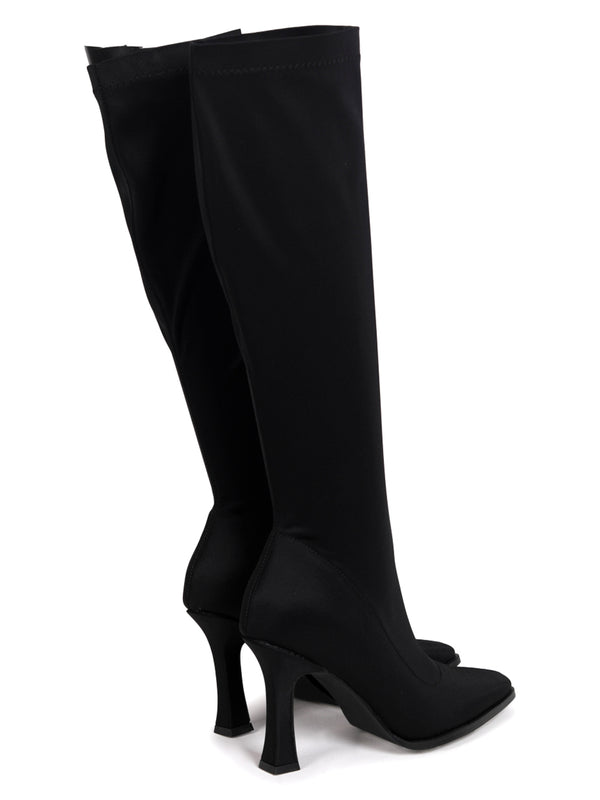 Linzi Black Lycra Square Toe Heeled Sock Boot