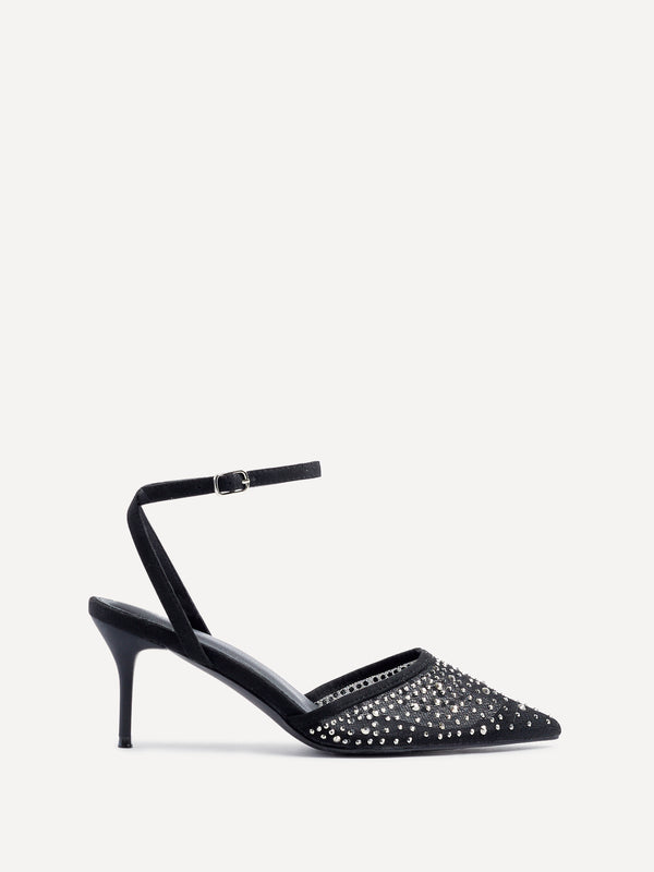 Linzi Black Mesh & Diamante Court Heel