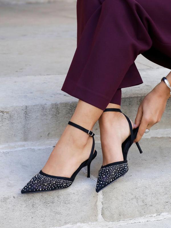 linzi Black Mesh & Diamante Court Heel