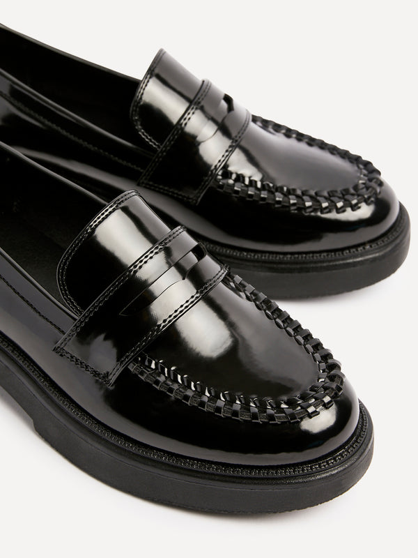 Linzi Black Patent Chunky Loafer With Woven Detail