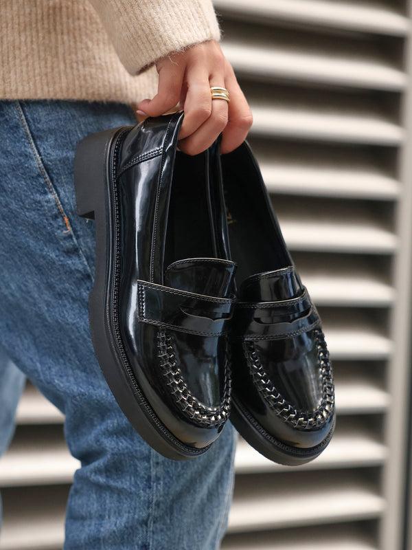 linzi Black Patent Chunky Loafer With Woven Detail