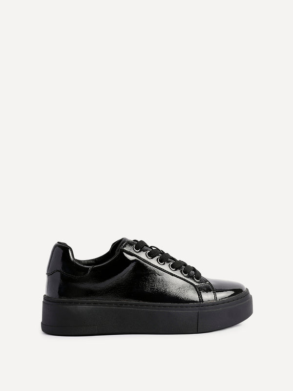 Linzi Black Patent Lace Up Flatform Trainers