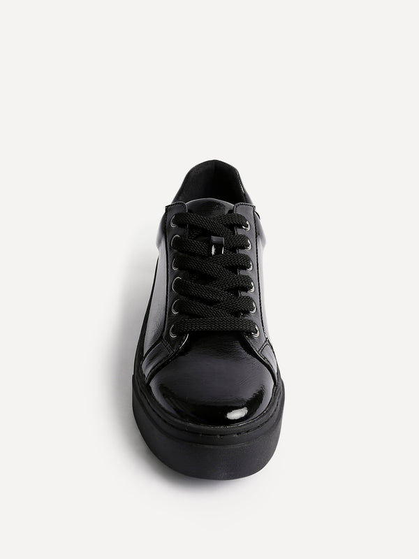 Linzi Black Patent Lace Up Flatform Trainers