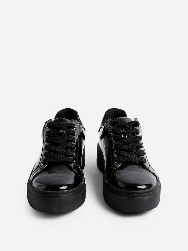 Linzi Black Patent Lace Up Flatform Trainers