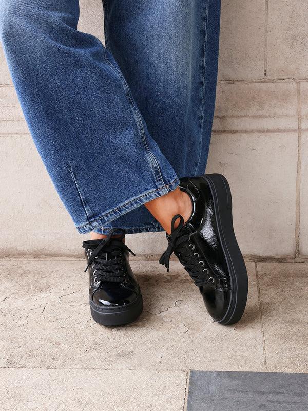 linzi Black Patent Lace Up Flatform Trainers