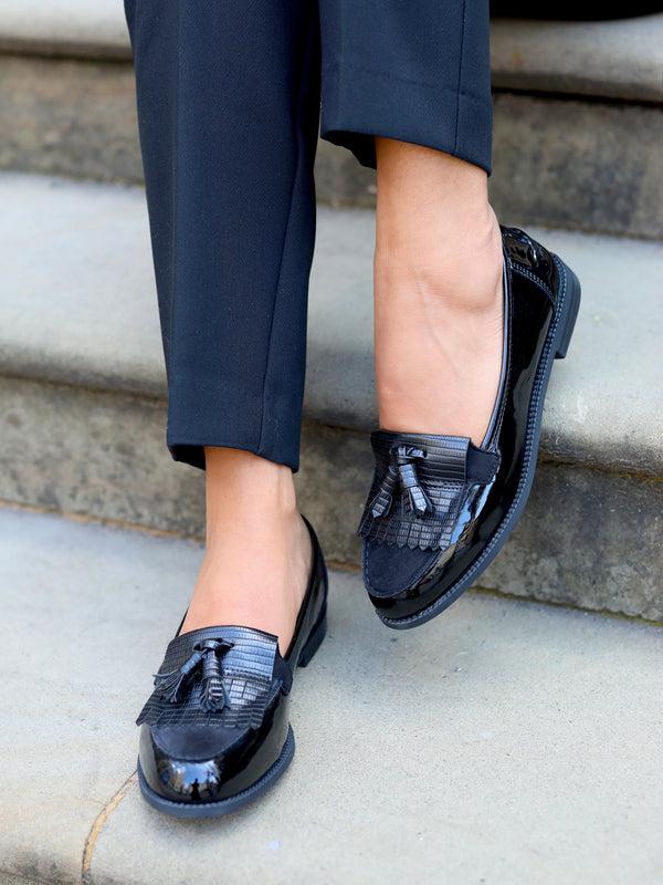 linzi Black Patent Lizard Classic Slip On Loafer