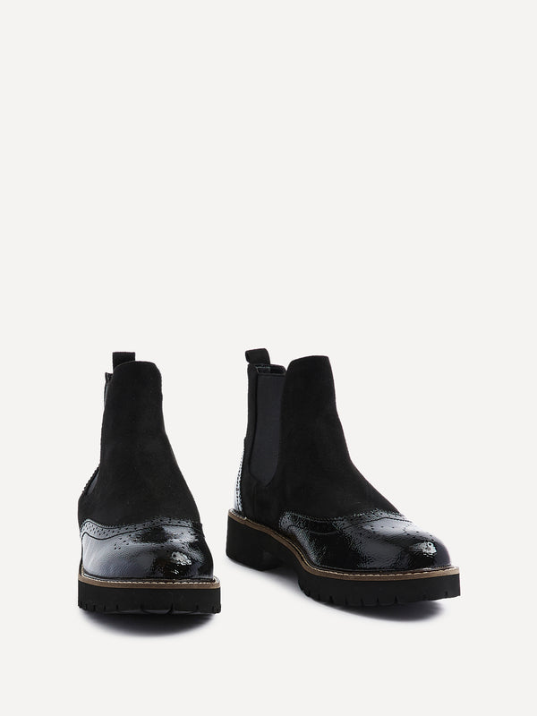 Linzi Black Patent & Suede Brogue Style Chelsea Boot