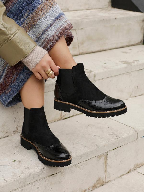linzi Black Patent & Suede Brogue Style Chelsea Boot